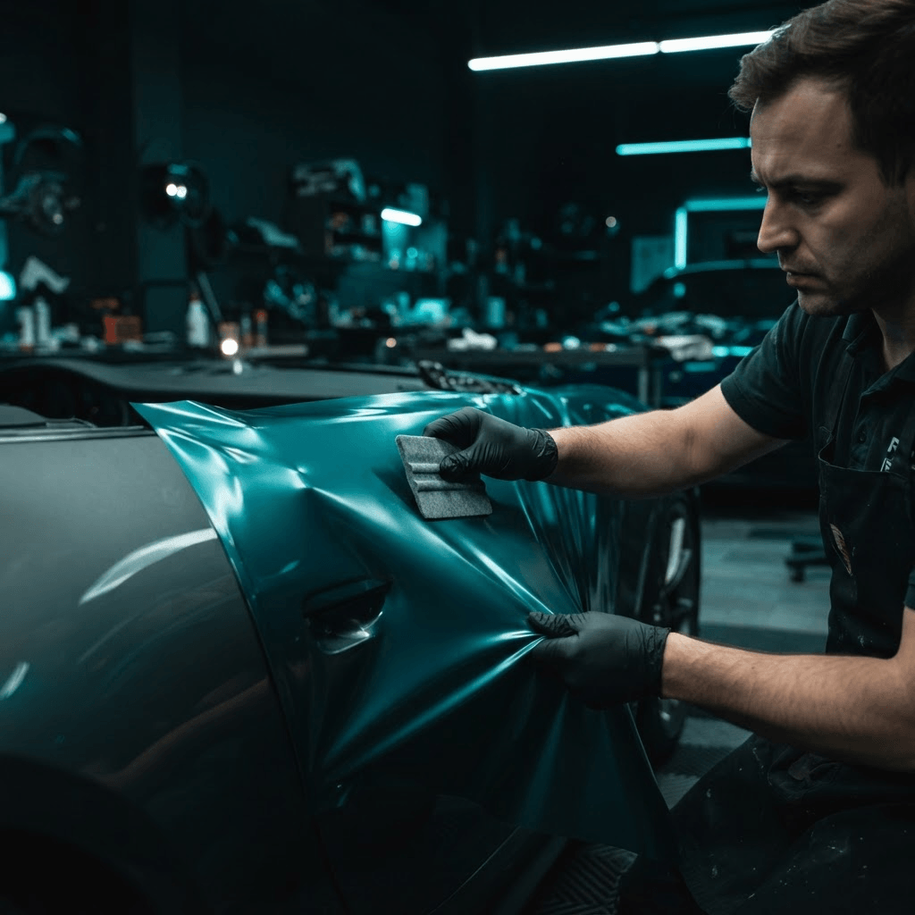 Installer applying a satin vinyl wrap to a car door panel in the Flawda Wraps Orlando studio