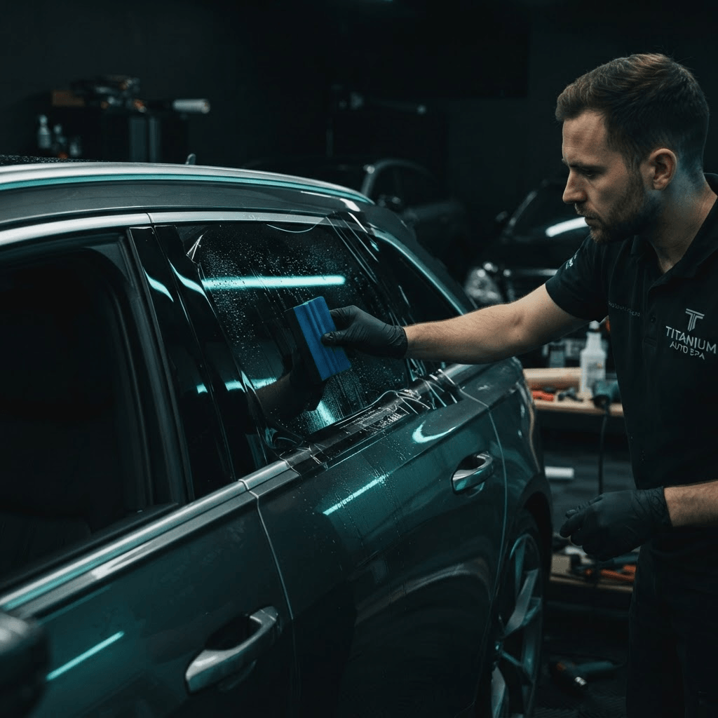 Installer applying ceramic window tint to a car window in Orlando, FL